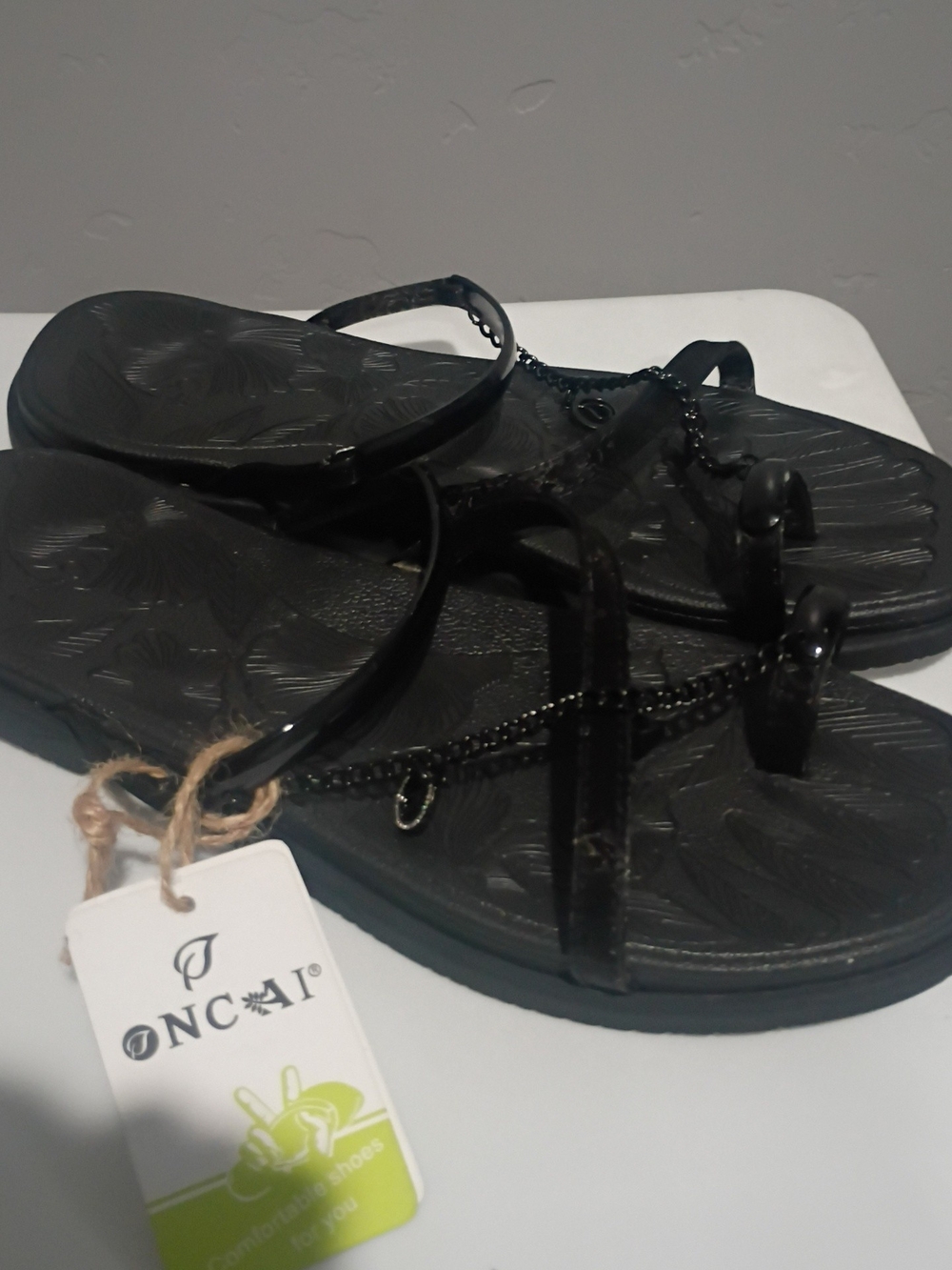 ONCAI Black Chain-Accent Thong Sandals for Women